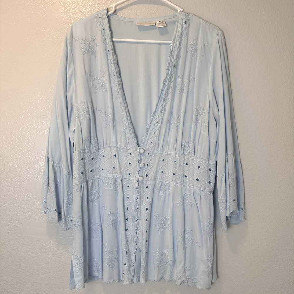 Soft Surroundings Size-L Melissani Tunic Top Blue Embroidered Scalloped Blouse